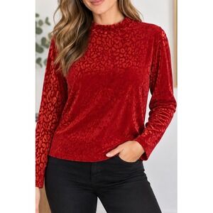 Sterling Kreek Red Leopard Burnout Velvet Mock Neck Top Long Sleeve Large